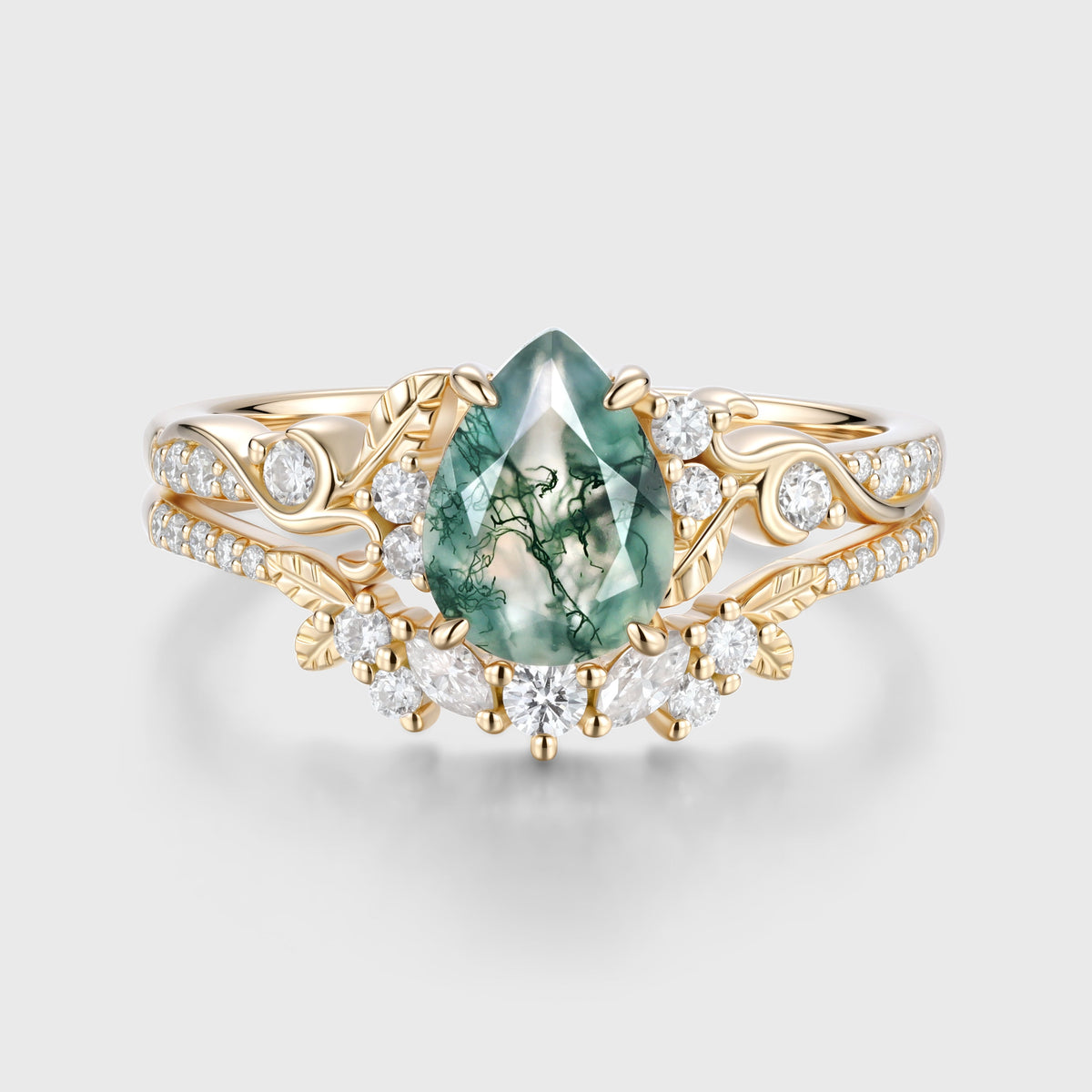 Pear cut Moss Agate Leaf‑Vine Bridal Set
