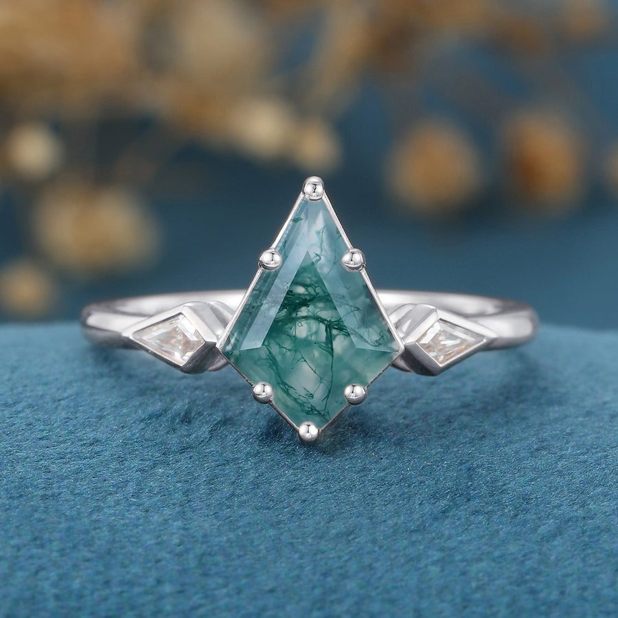 Kite Cut Natural Green Moss Agate Cluster Engagement Ring