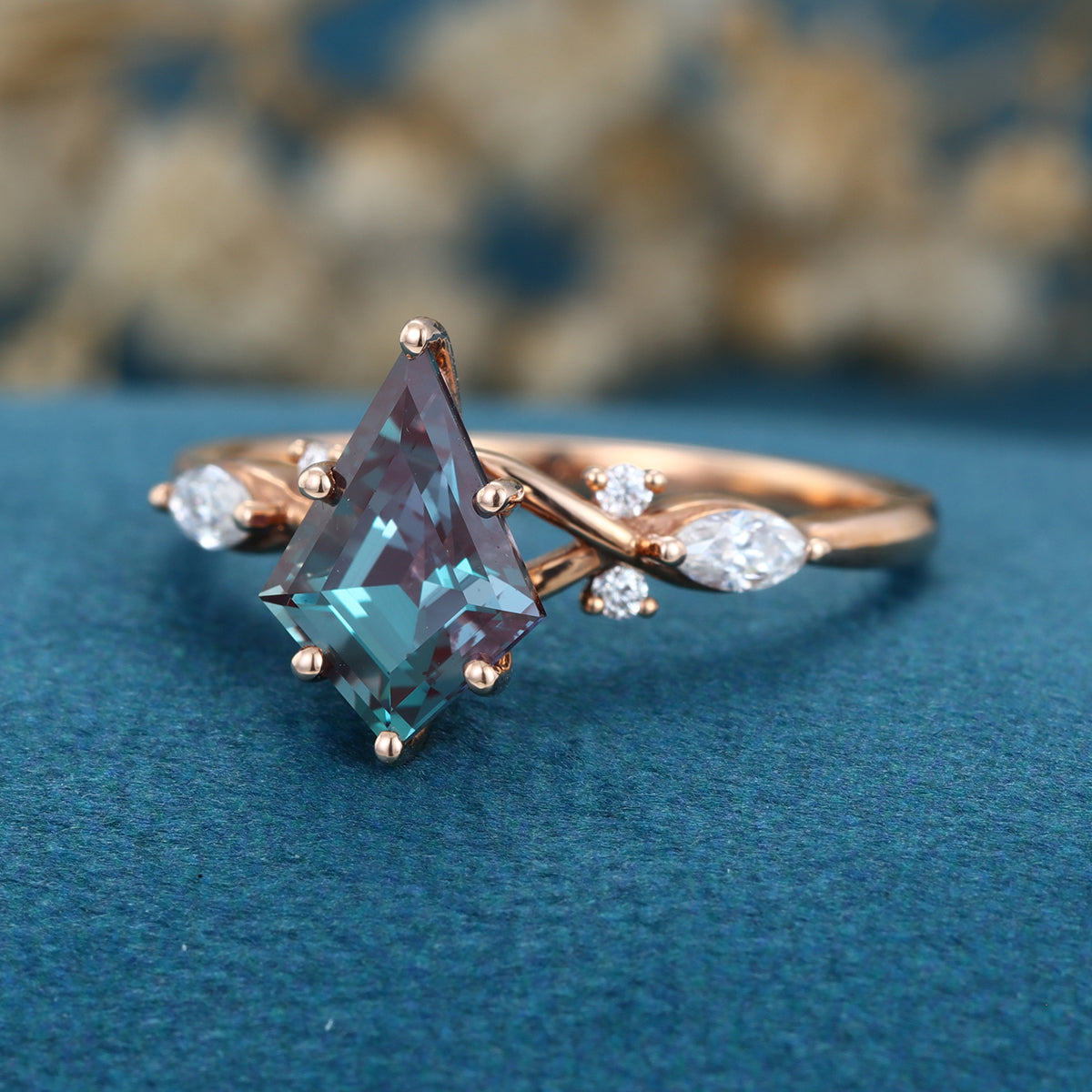 Kite cut Lab Alexandrite Solid Gold Engagement Ring