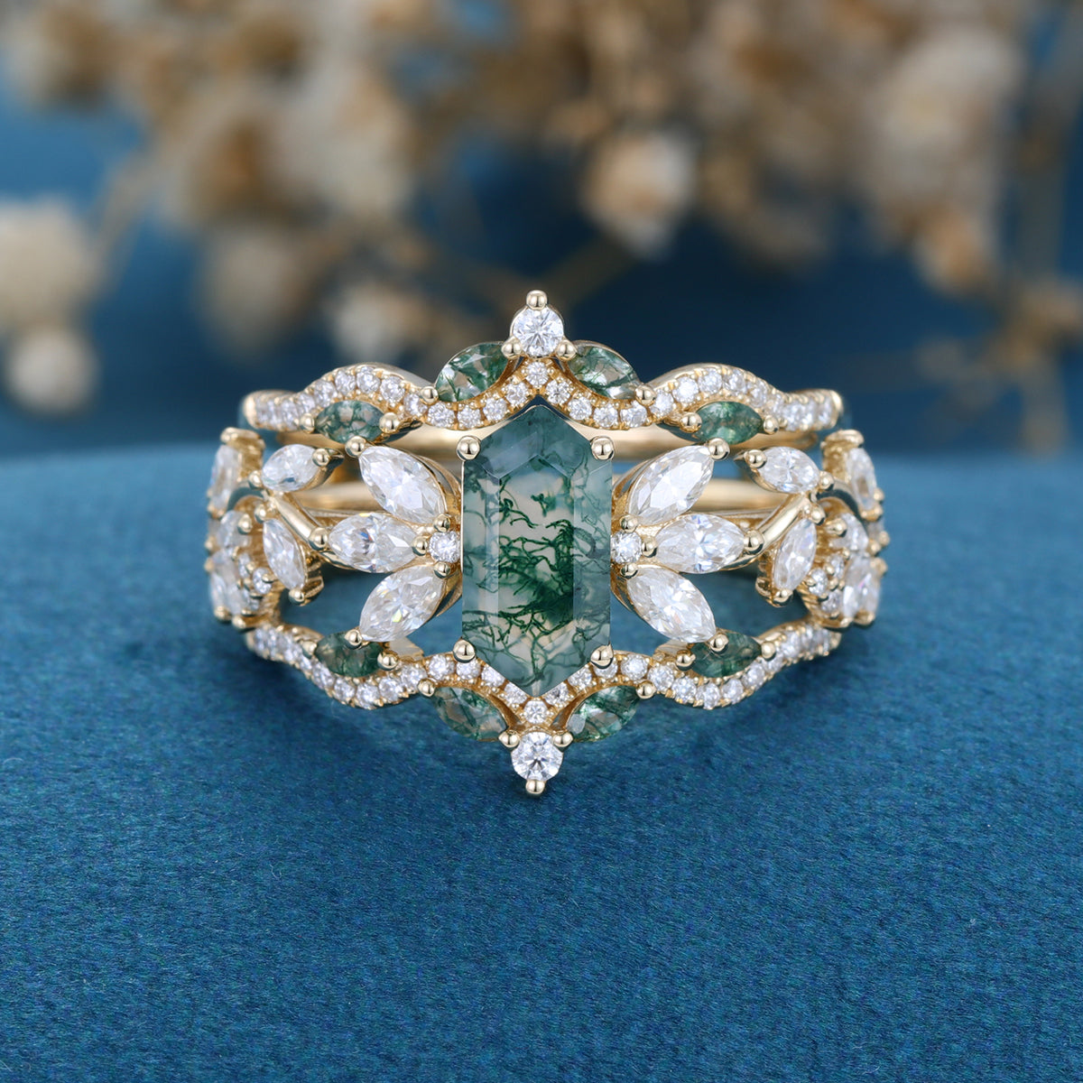 Long Hexagon cut Moss Agate Gold Wedding Bridal Set