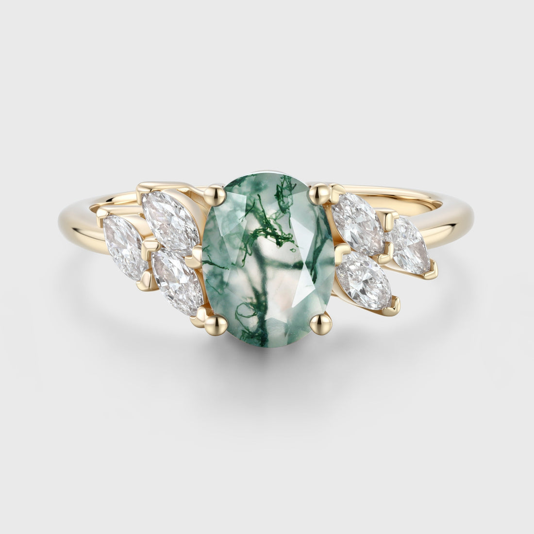 Oval Cut Natural Green Moss Agate Cluster Engagement Ring