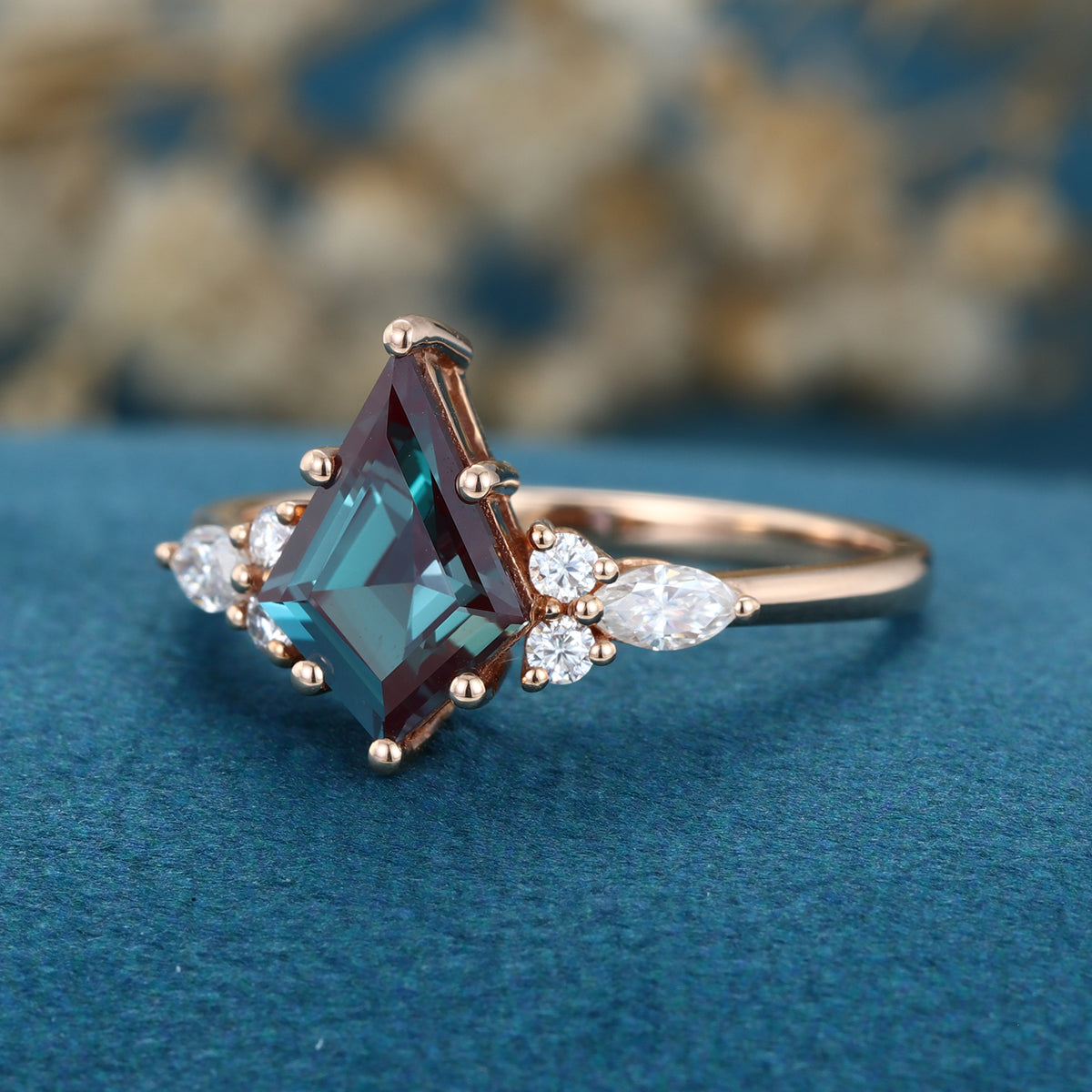 Kite cut Lab Alexandrite Solid Gold Engagement Ring