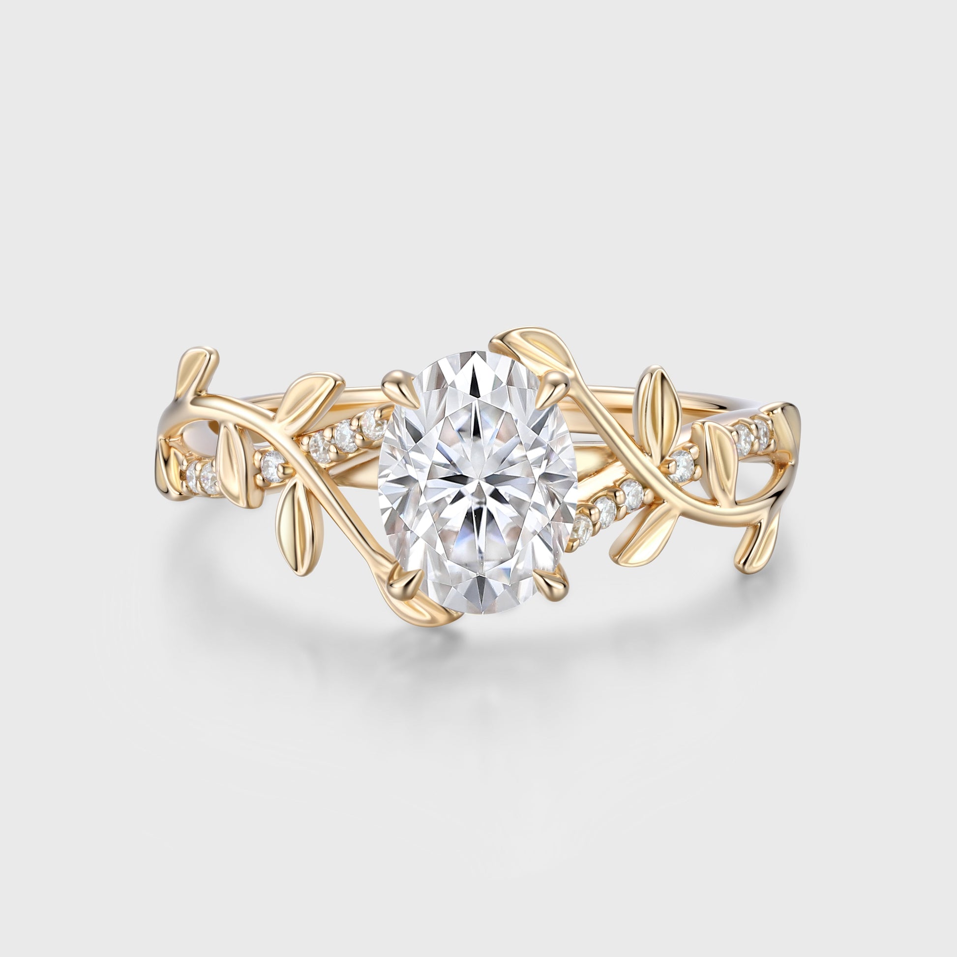 Nature Inspired Oval cut Moissanite Leaf Gold Engagement Ring