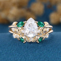 Pear cut Moissanite Engagement ring + Lab Emerald Curved Wedding bridal set