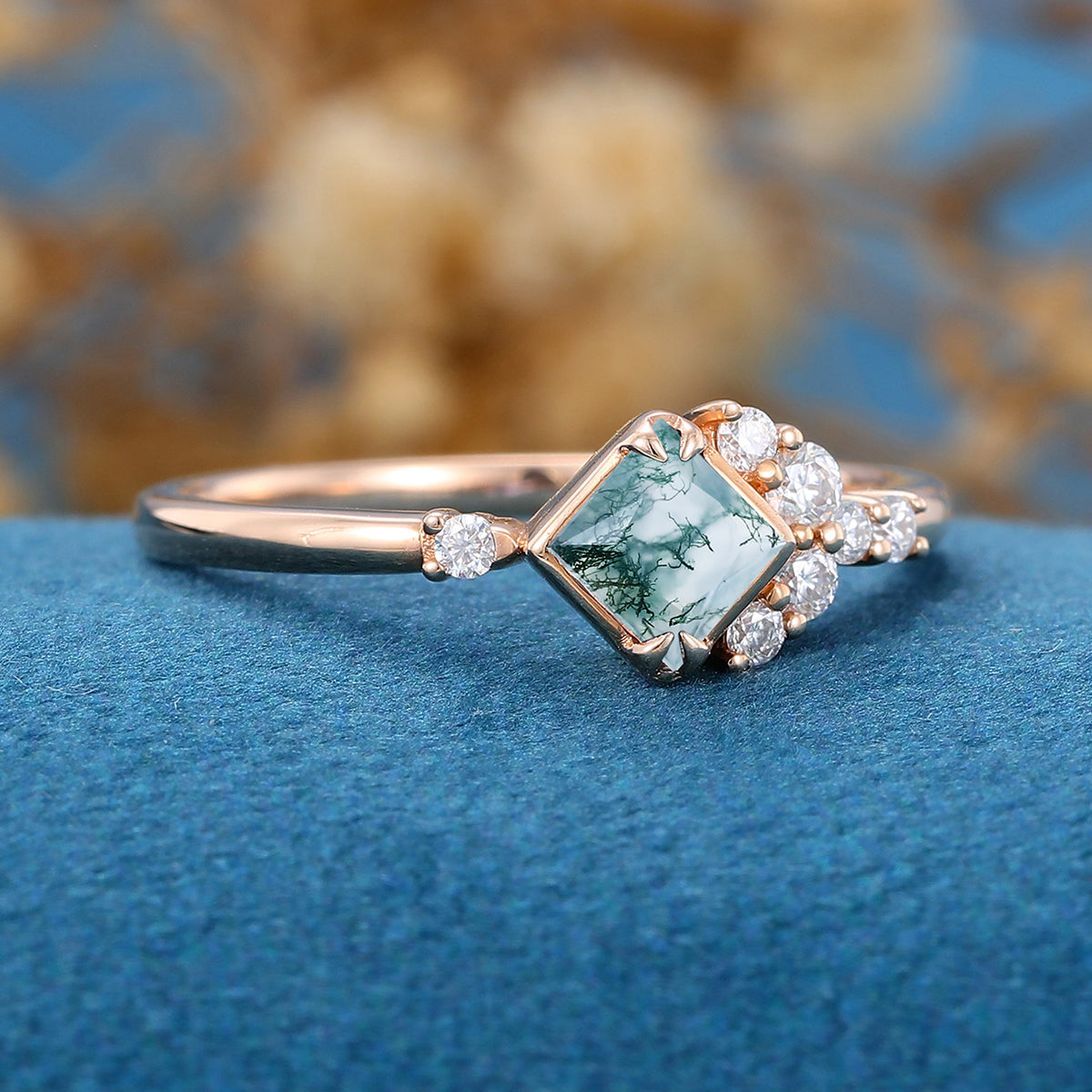 Princess Square  Cut Natural Green Moss Agate Cluster Engagement Ring 