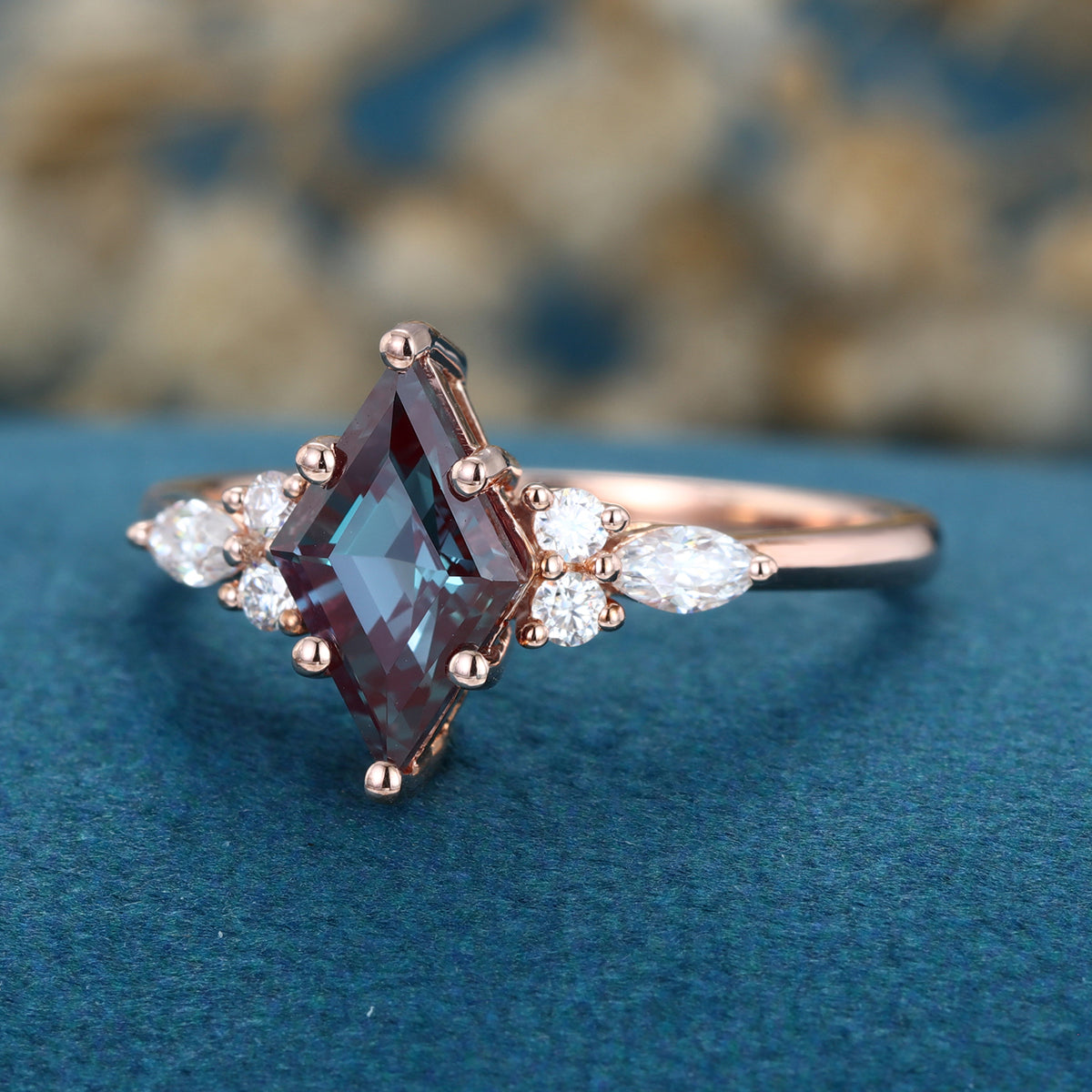 Lozenge cut Lab Alexandrite Solid Gold Engagement Ring
