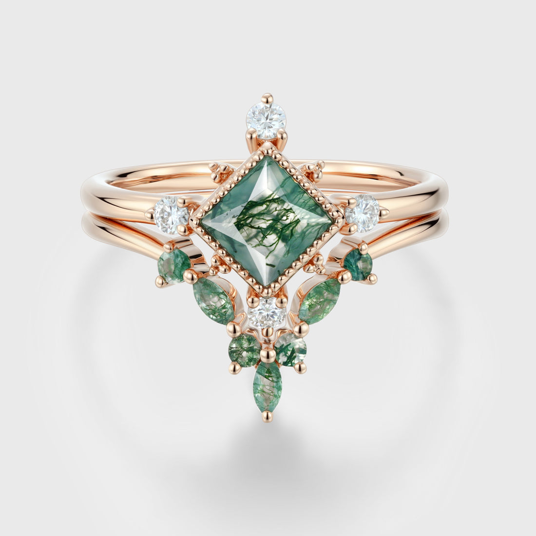 Princess Cut Moss Agate Bezel Engagement Ring Matching Curved Moss Agate  Wedding Bridal Set