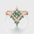 Princess Cut Moss Agate Bezel Engagement Ring Matching Curved Moss Agate  Wedding Bridal Set