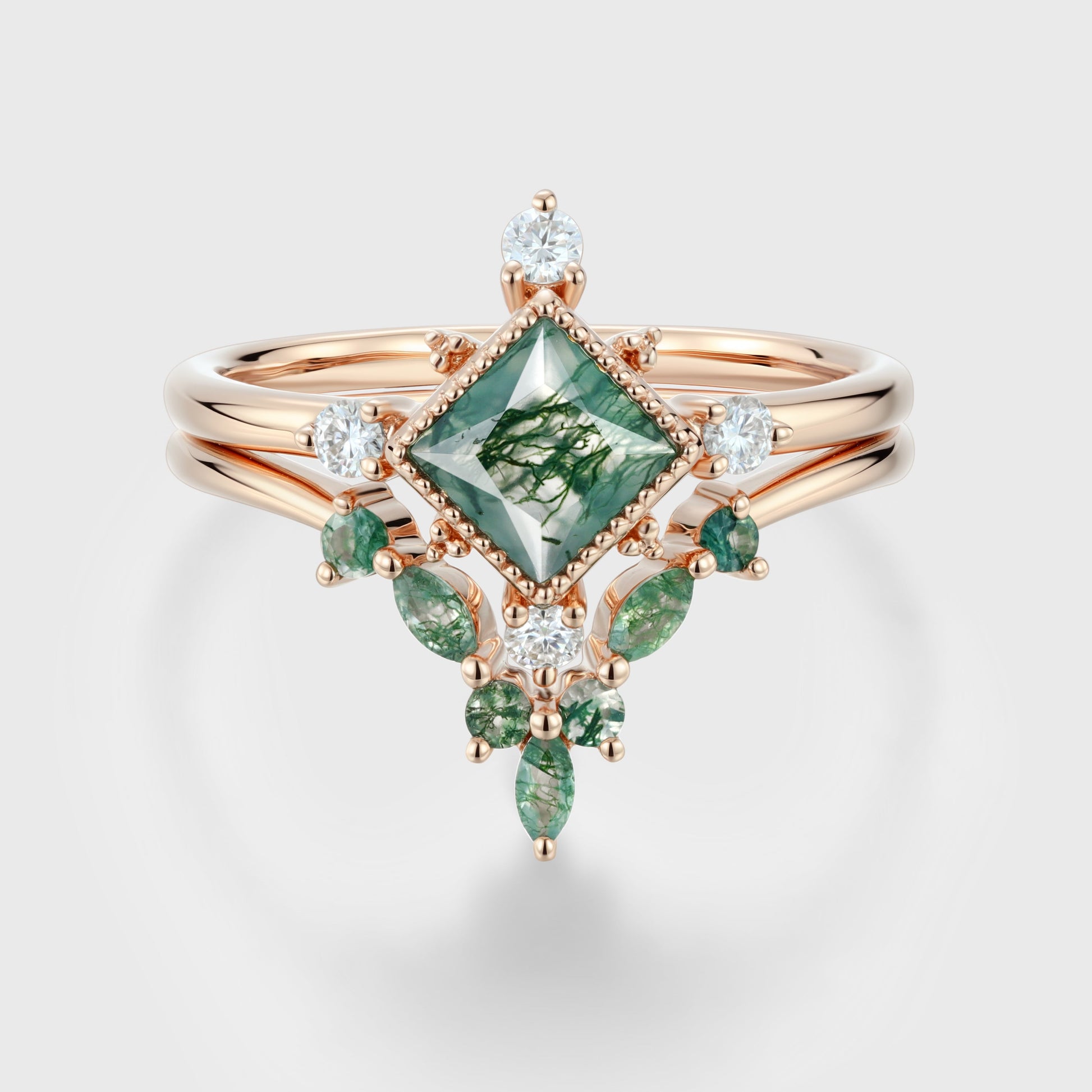 Princess Cut Moss Agate Bezel Engagement Ring Matching Curved Moss Agate  Wedding Bridal Set