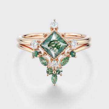 Princess Cut Moss Agate Bezel Engagement Ring Matching Curved Moss Agate  Wedding Bridal Set