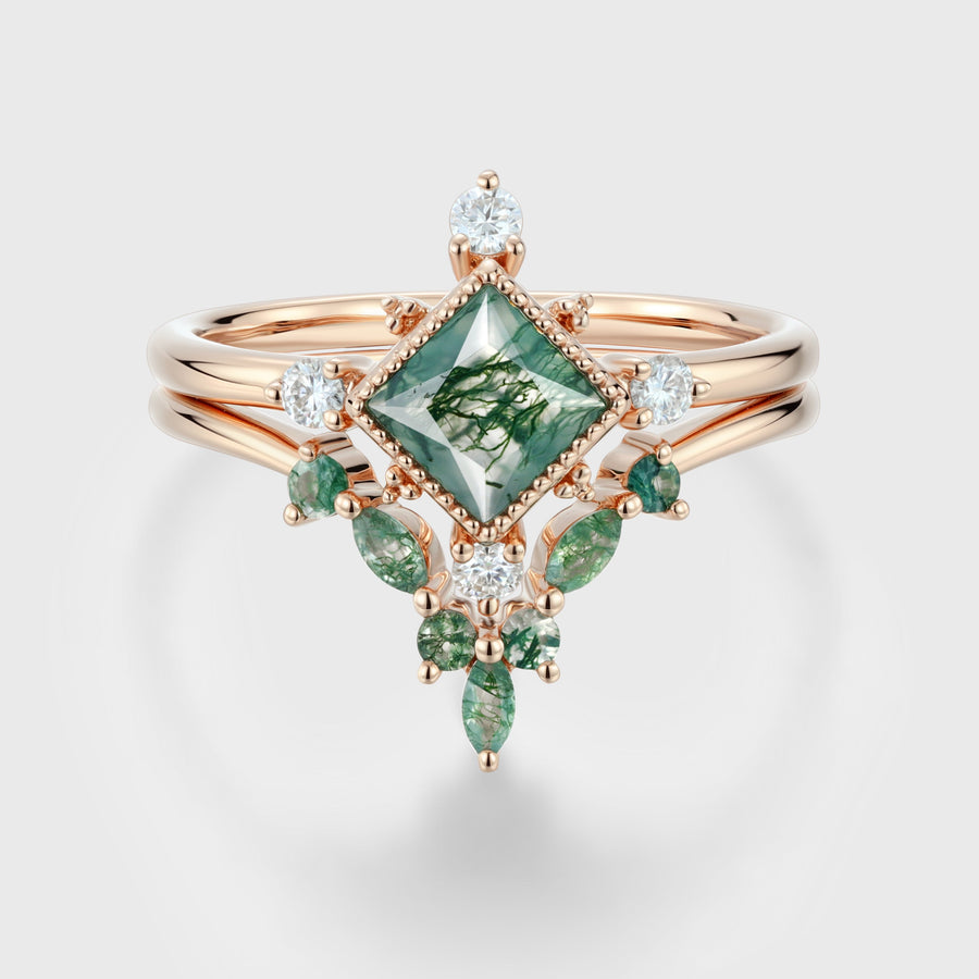 Princess Cut Moss Agate Bezel Engagement Ring Matching Curved Moss Agate  Wedding Bridal Set