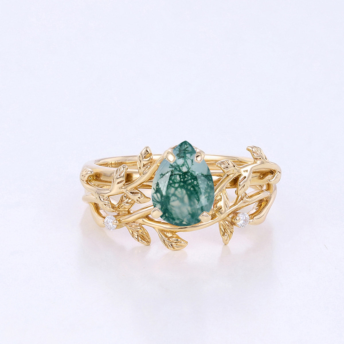 Nature Inspired Pear cut Moss Agate Leaf Gold ring set