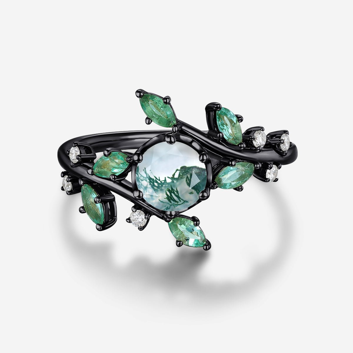 Nature Inspired Round cut Moss Agate cluster Gold Engagement Ring