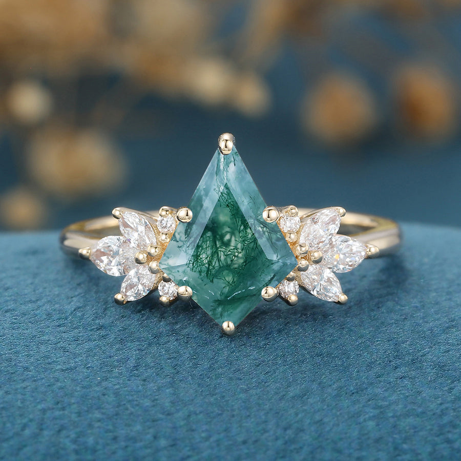 Kite Cut Natural Green Moss Agate Cluster Engagement Ring