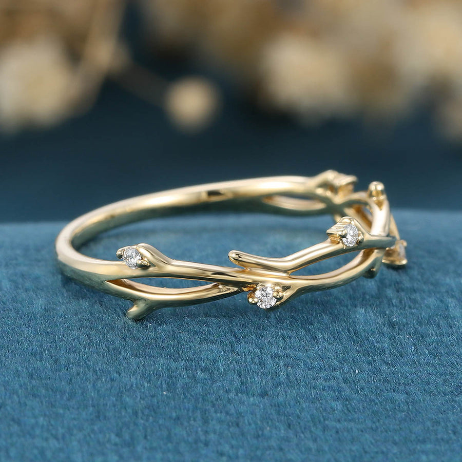 Nature Inspired Moissanite | Diamonds Leaf branch stacking Gold wedding ring