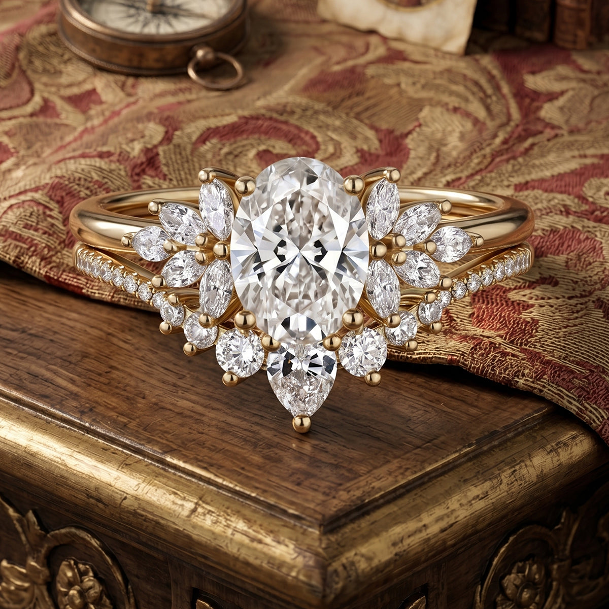 1.0CT~5.0CT Oval cut Lab grown Diamond Cluster Engagement Ring Set