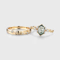 Long Hexagon cut Moss Agate + Diamonds Couple Ring Set His and Hers Wedding Bridal Set