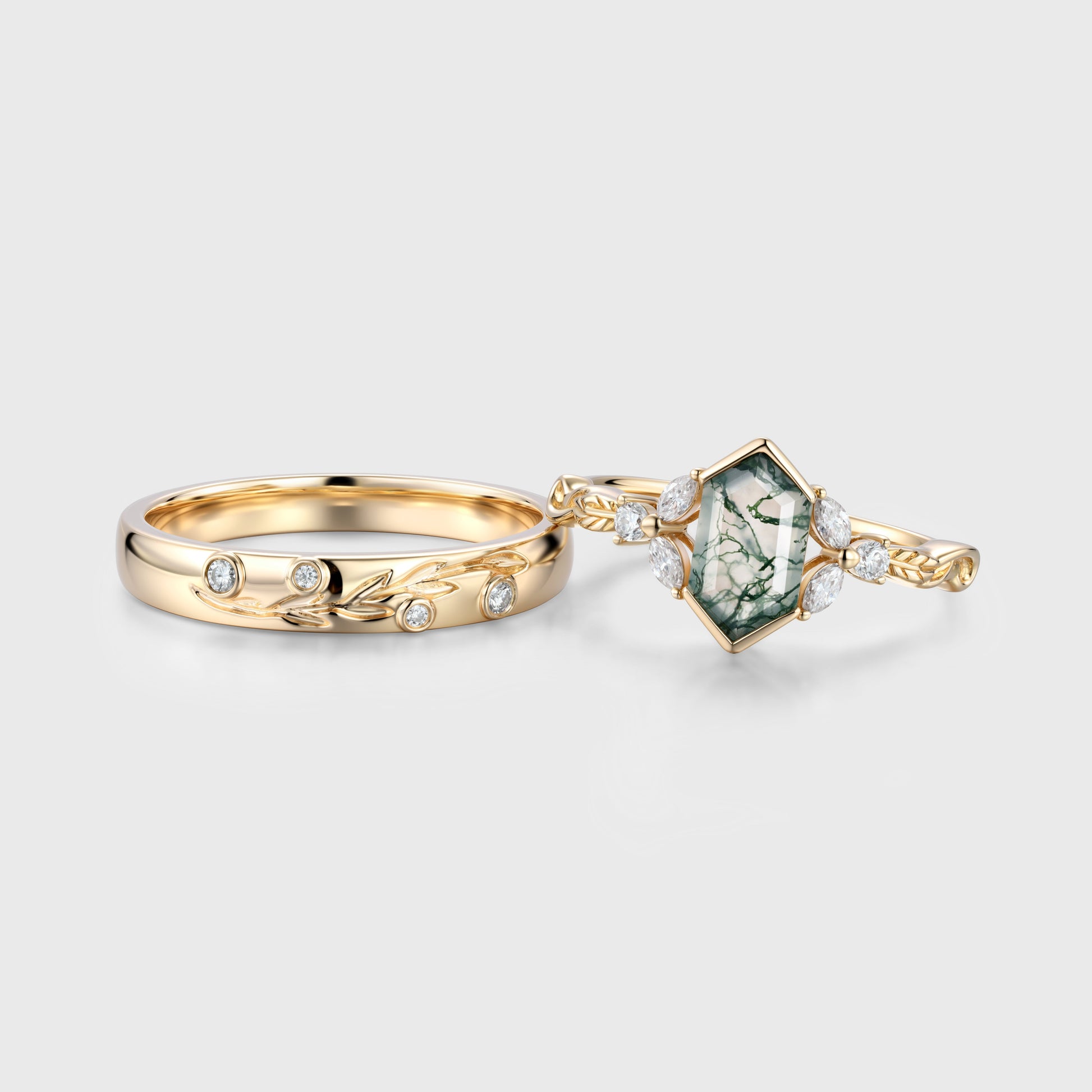 Long Hexagon cut Moss Agate + Diamonds Couple Ring Set His and Hers Wedding Bridal Set