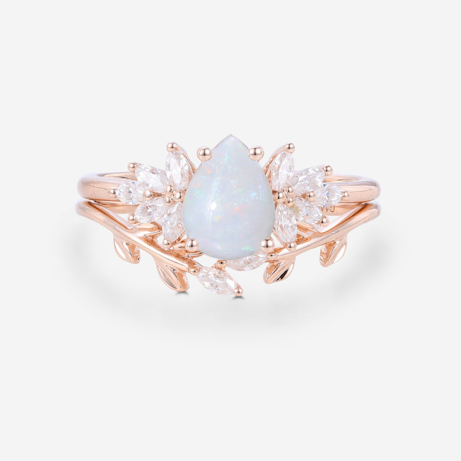 Pear cut Opal Cluster Engagement ring Bridal Set