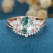 Natural Green Moss Agate Oval cut Cluster Engagement ring Bridal Sets