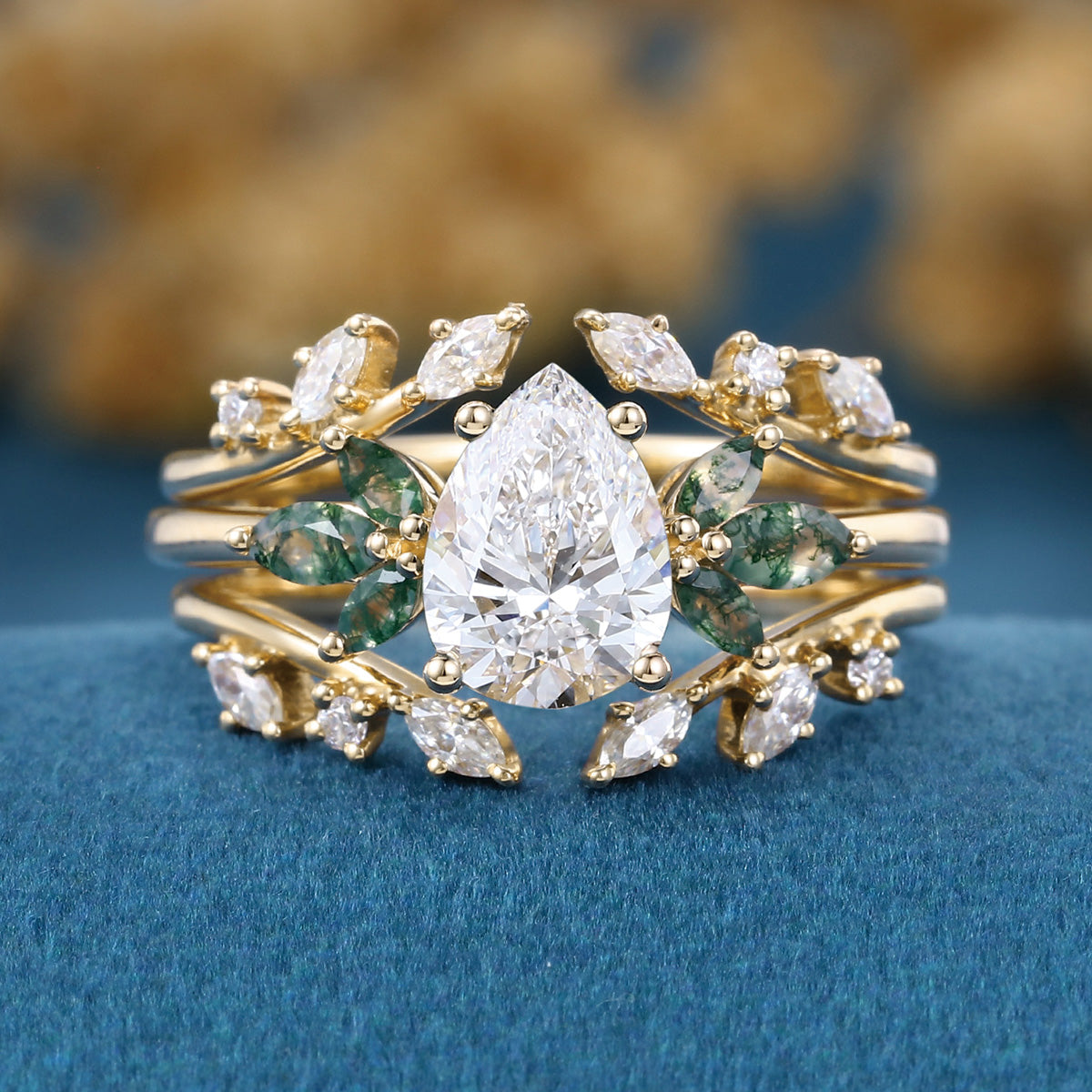 Pear cut Lab Grown Diamond + Moss agate Wedding bridal set