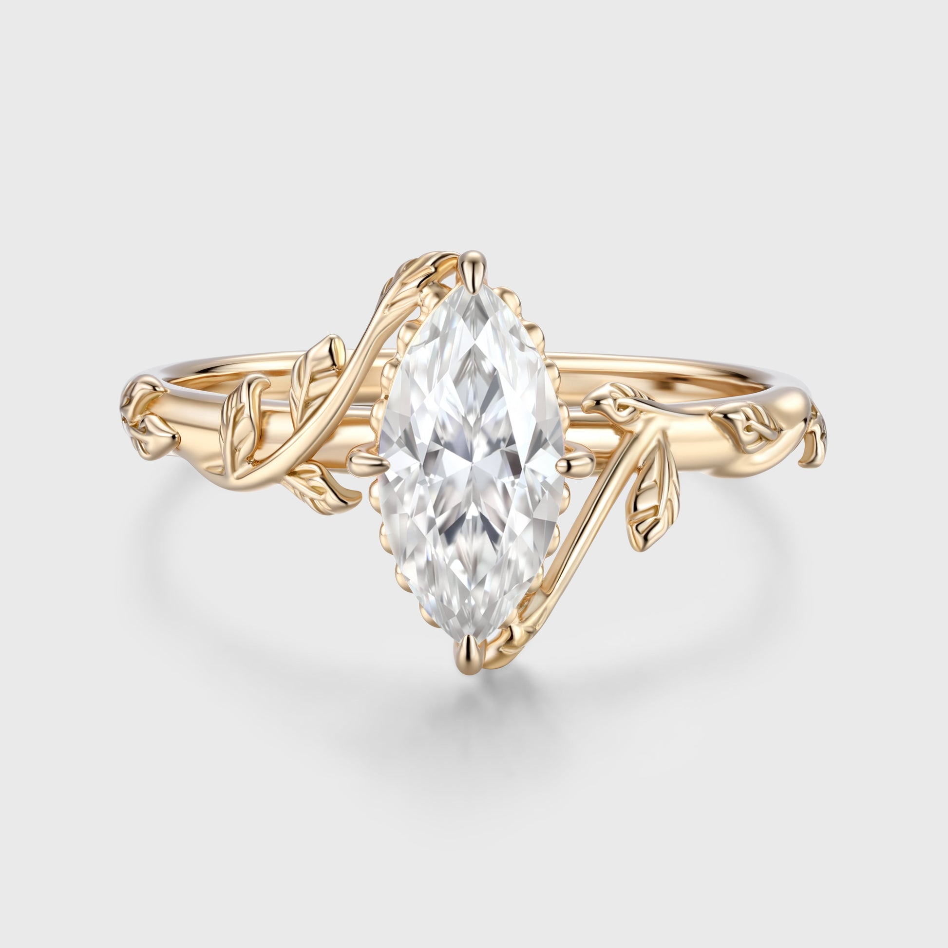 Nature Inspired Marquise cut Moissanite Leaf Gold Engagement Ring