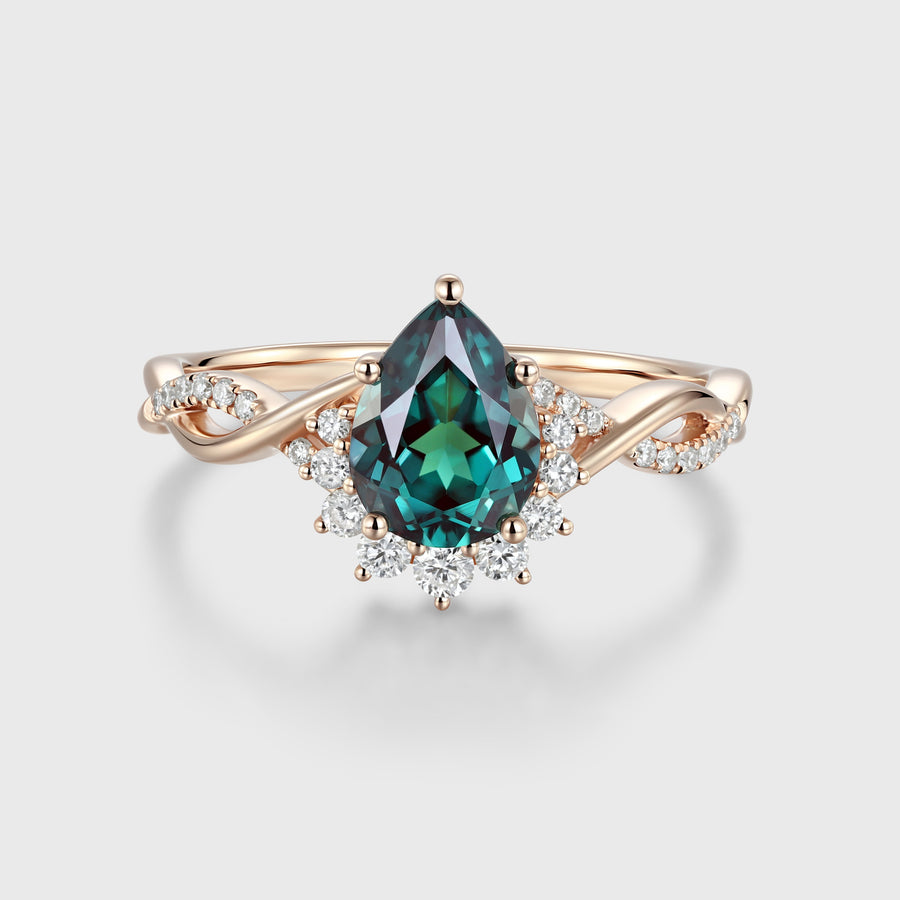 Pear cut Lab Alexandrite Solid Gold Engagement Ring