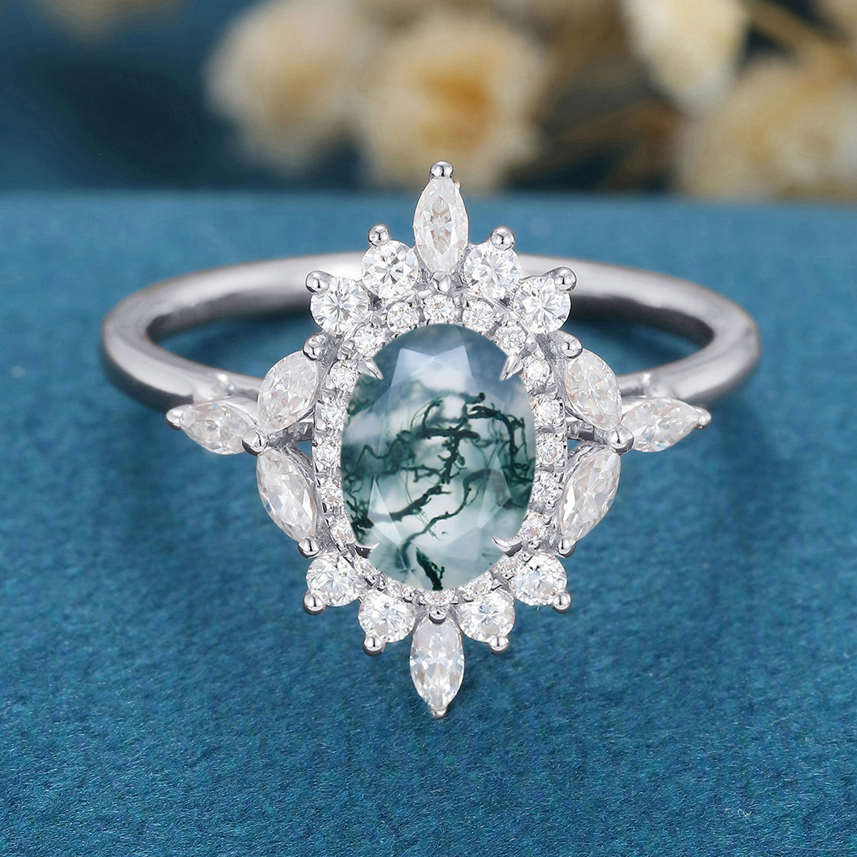 Oval Cut Natural Green Moss Agate Cluster Engagement Ring