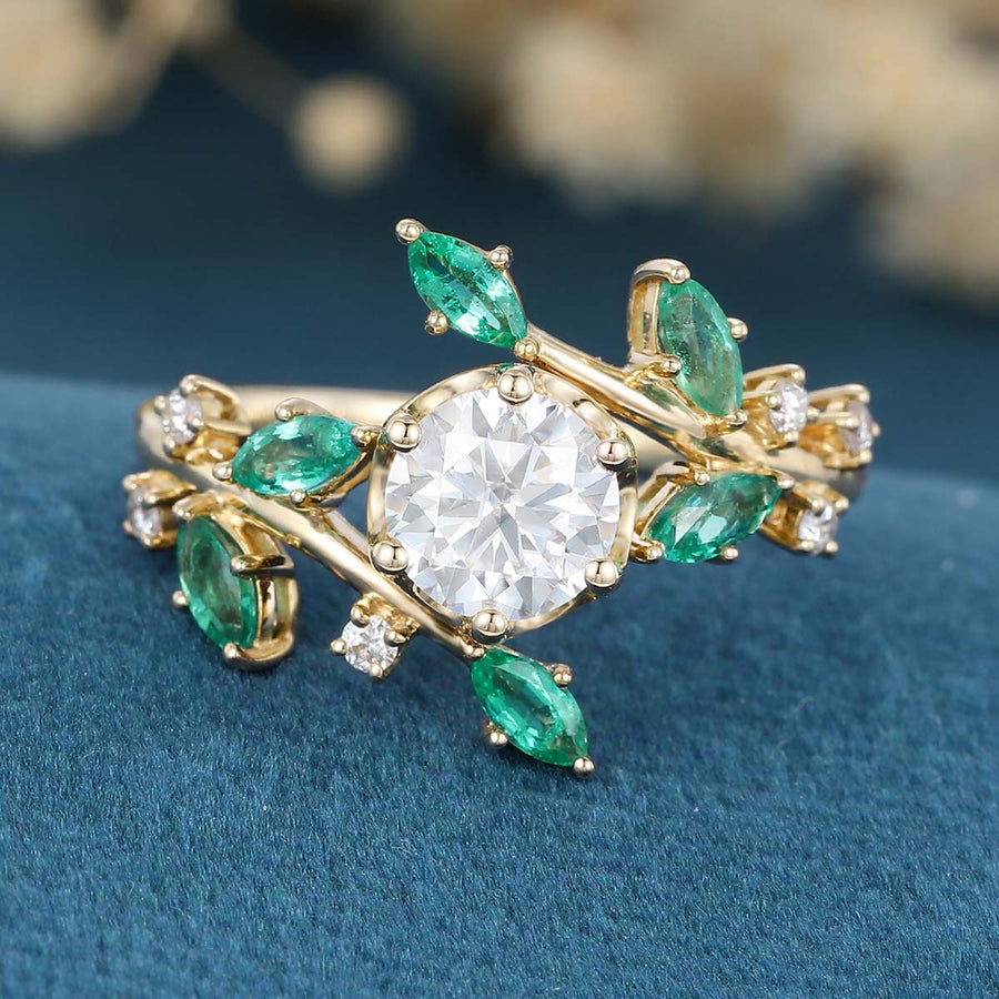 Copy of Nature Inspired Round cut Moissanite | Natural Emeralds Gold Engagement Ring