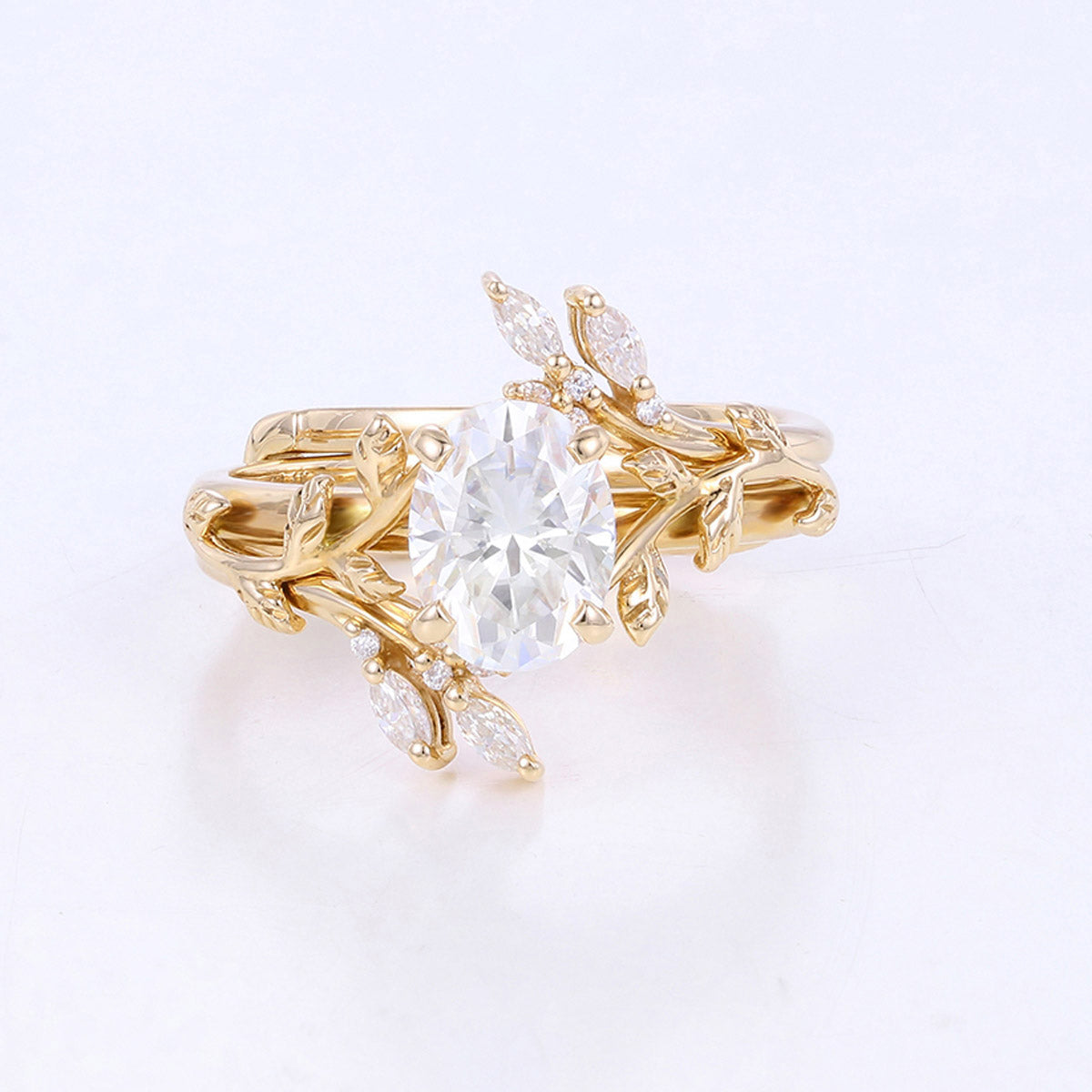 Nature Inspired Oval cut Moissanite Leaf Gold ring set