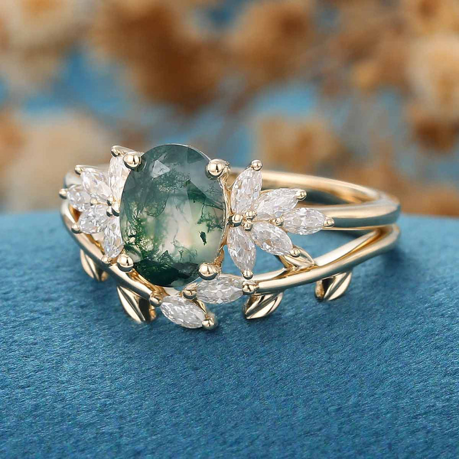 Natural Green Moss Agate Oval Cluster WeddingBridal Sets