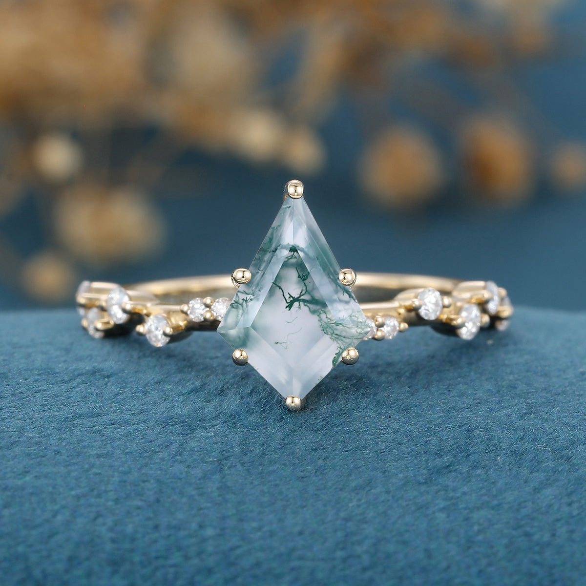 Kite Cut Natural Green Moss Agate Cluster Engagement Ring