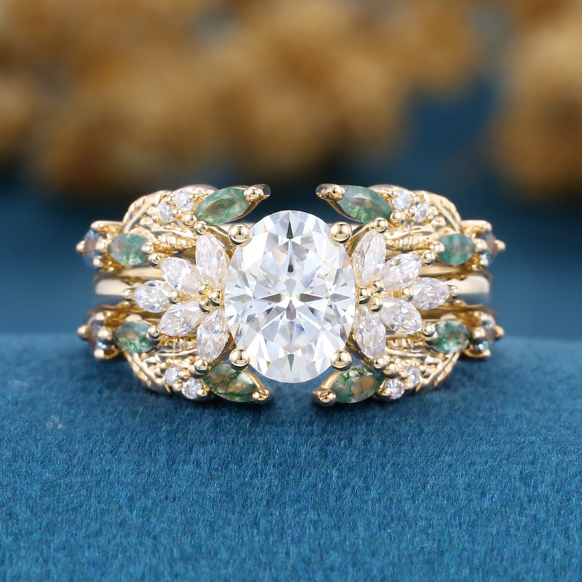 Oval cut Lab Grown Diamond + Moss agate Wedding bridal set