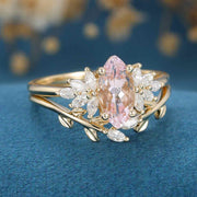 1.0 Carat Marquise cut Morganite + Moissanite Cluster Engagement Ring Bridal Set