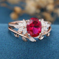 Oval cut Lab Ruby Cluster Engagement ring Bridal Set 