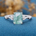 Emerald Cut Natural Green Moss Agate Cluster Engagement Ring