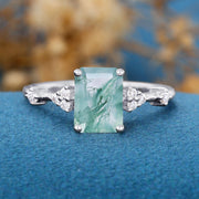 Emerald Cut Natural Green Moss Agate Cluster Engagement Ring