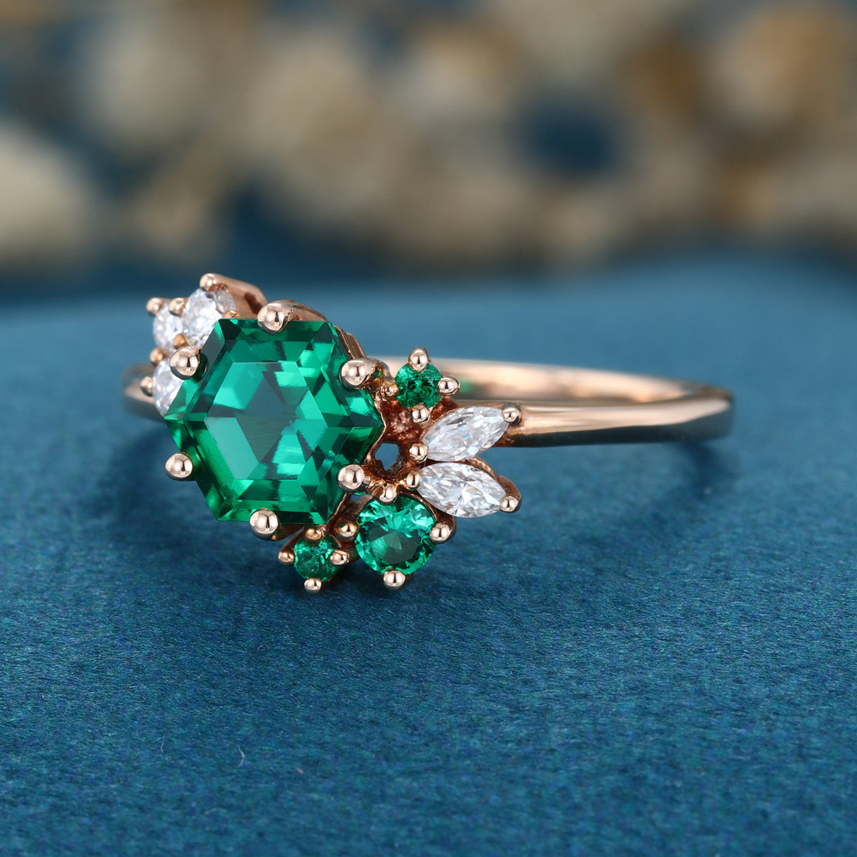Hexagon cut Lab grown Emerald Solid Gold Engagement Ring