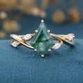 Kite Cut Natural Green Moss Agate Cluster Engagement Ring