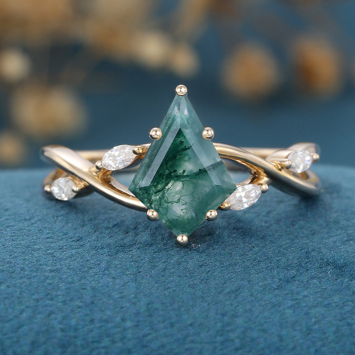 Kite Cut Natural Green Moss Agate Cluster Engagement Ring