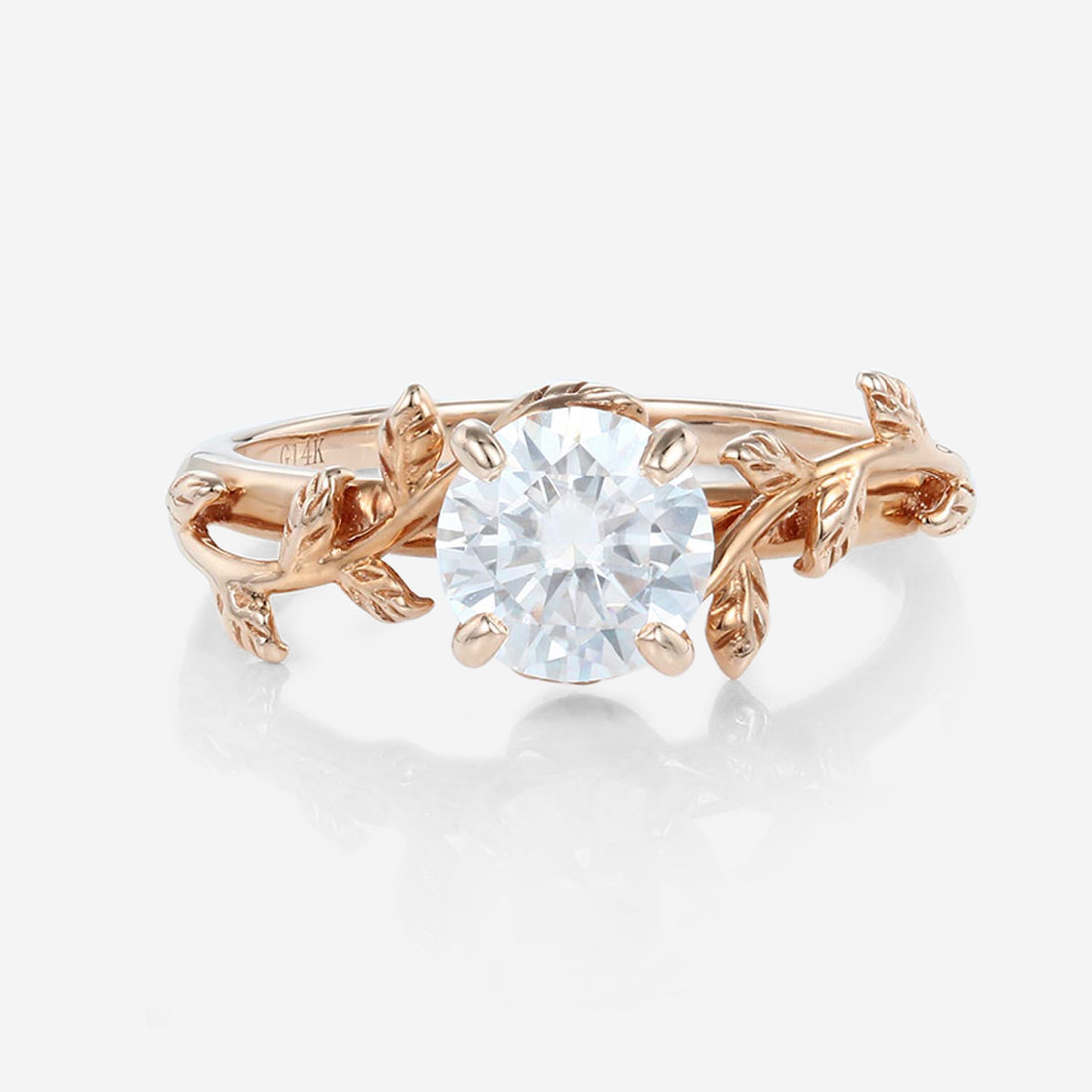 Nature Inspired Round cut Moissanite Leaf Gold Engagement Ring