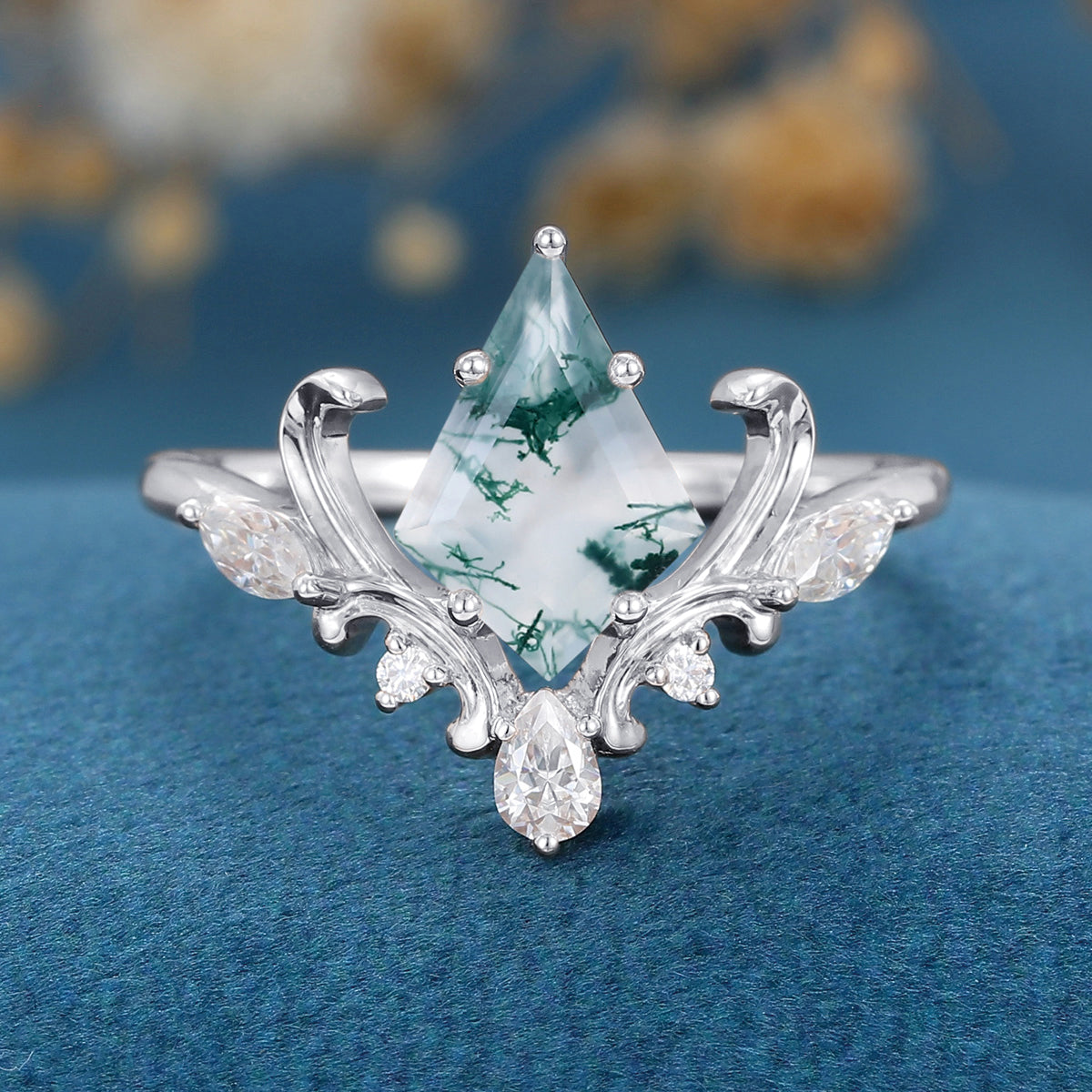 Kite Cut Natural Green Moss Agate Cluster Engagement Ring