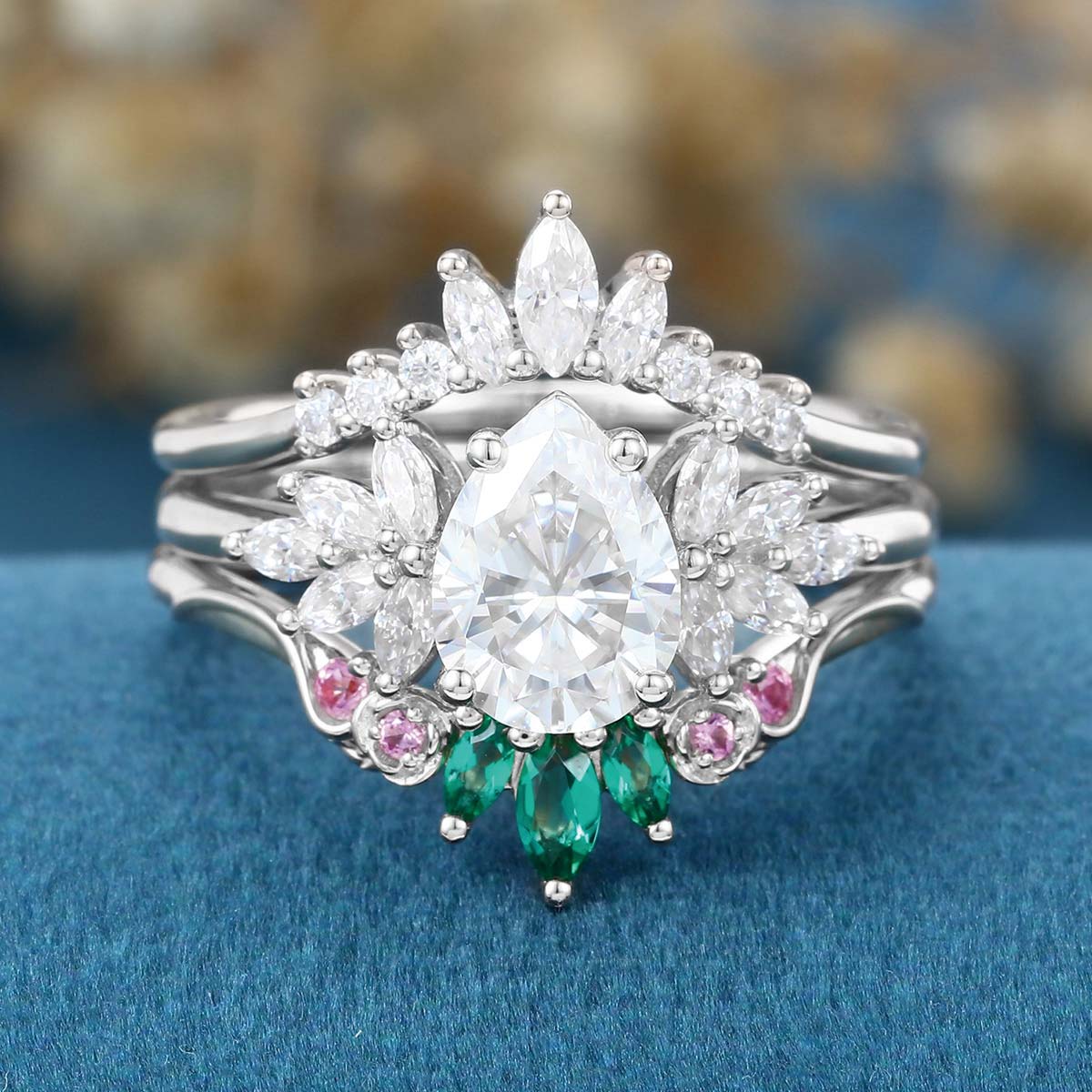 Pear cut Moissanite Rose Gold Matching Diamonds | Lab Grown Emerald Wedding bridal set