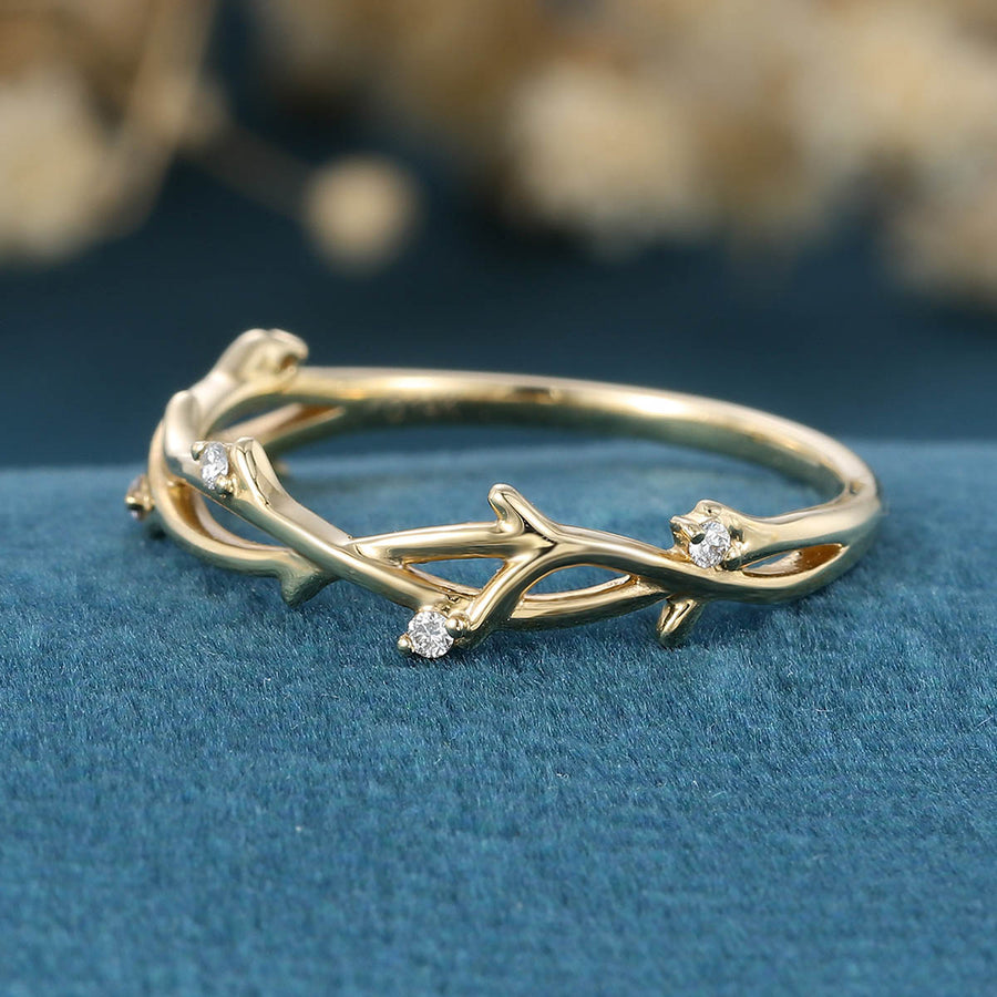 Nature Inspired Moissanite | Diamonds Leaf branch stacking Gold wedding ring