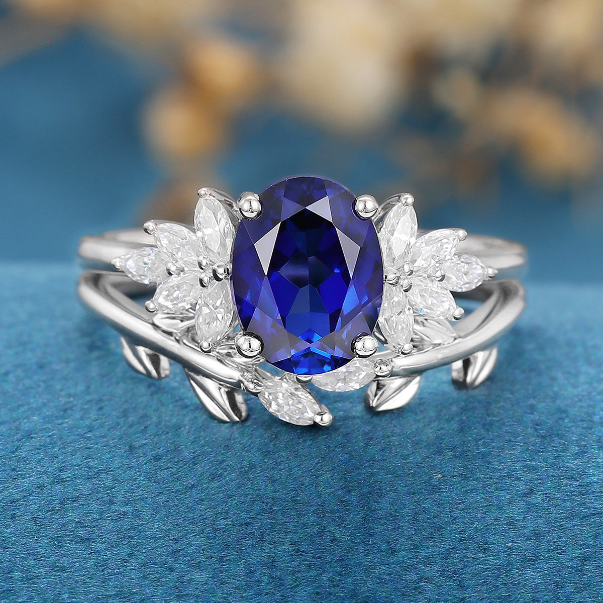 Oval cut Lab Sapphire Engagement ring Bridal Set