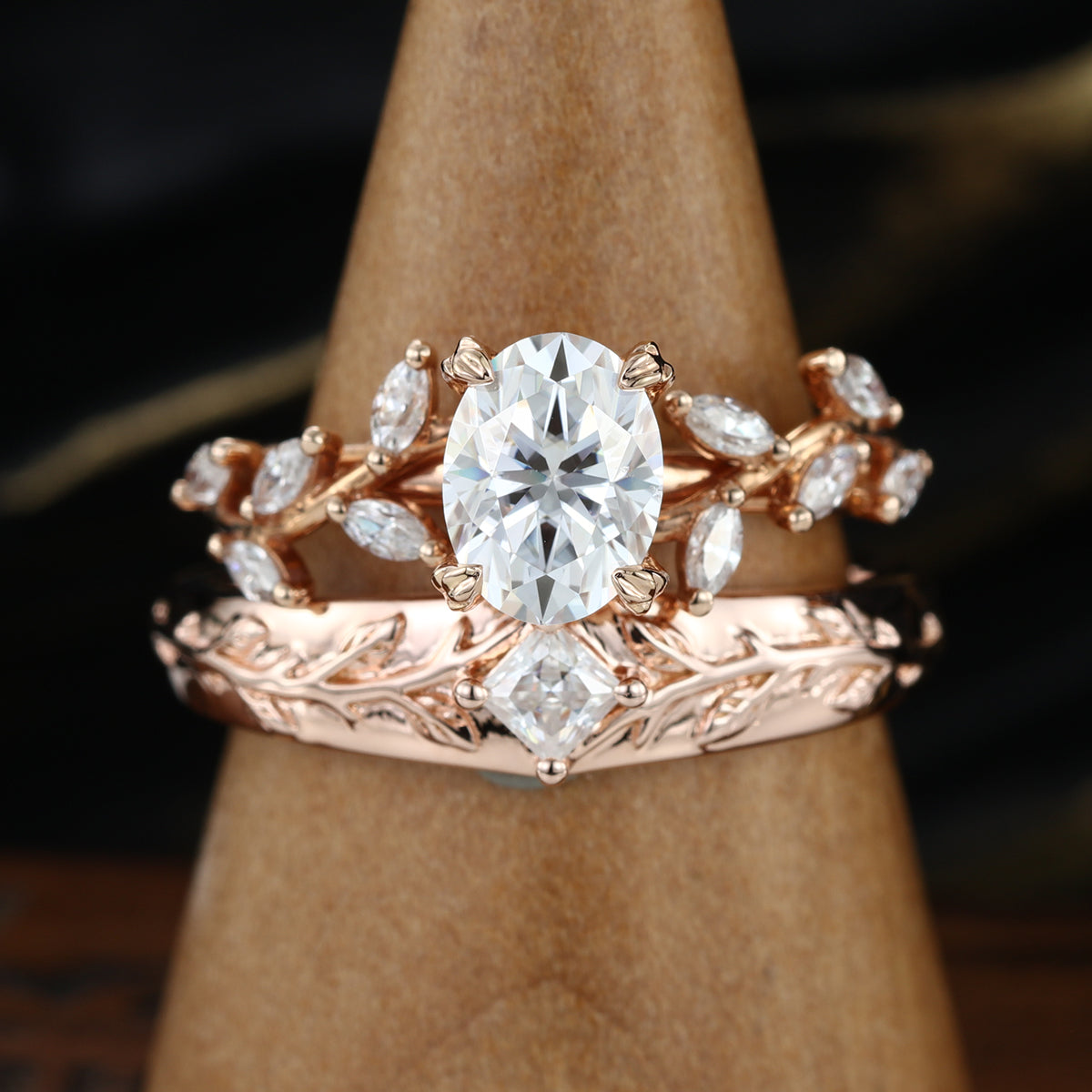 Nature Inspired  Moissanite Couple Rings | D Color VVS1 | Rose Gold Leaf Wedding Bridal Set