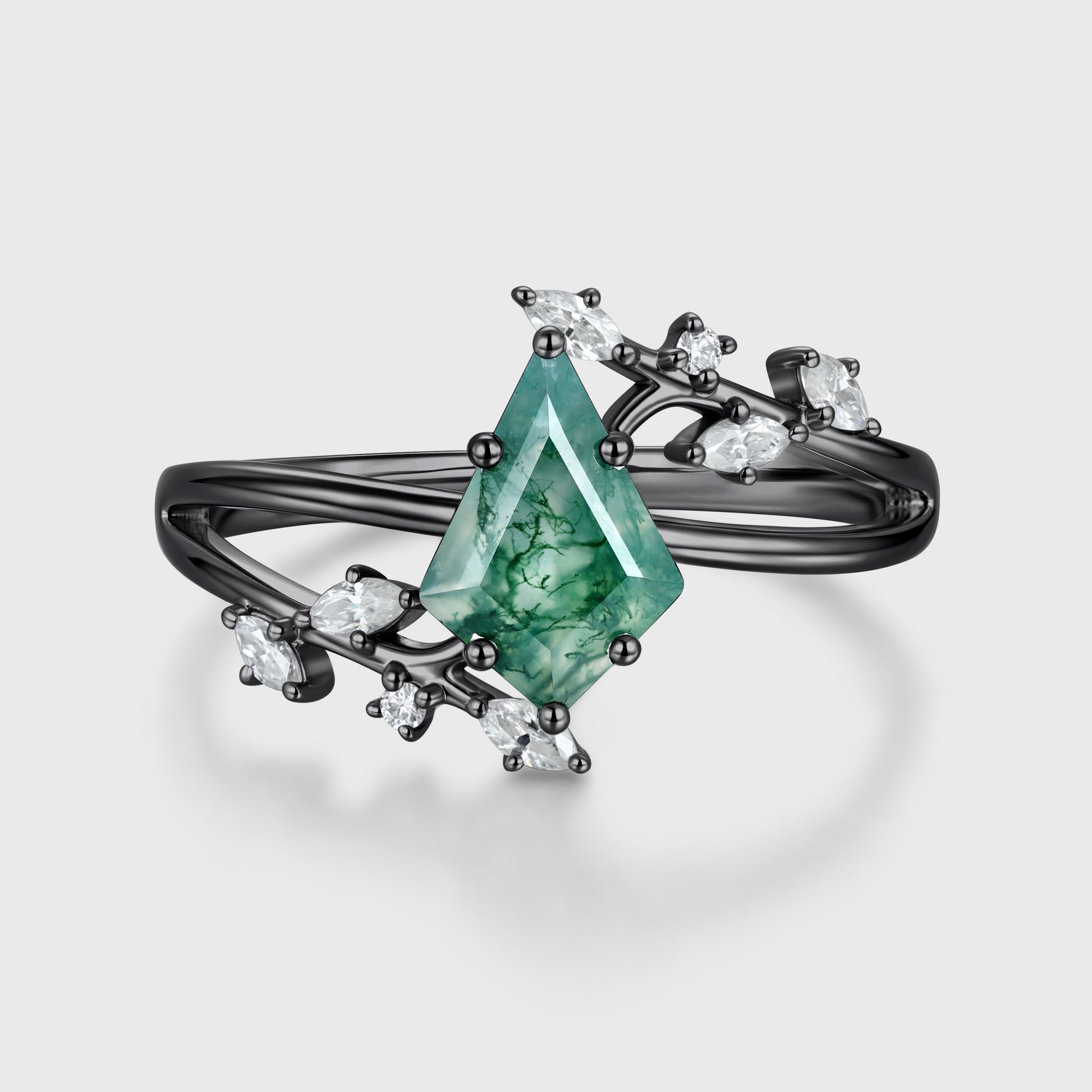 Kite Cut Natural Green Moss Agate Cluster Engagement Ring