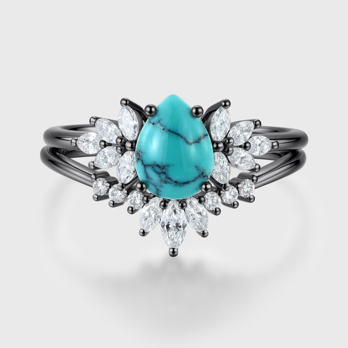Pear cut Turquoise Cluster Engagement ring Bridal Set