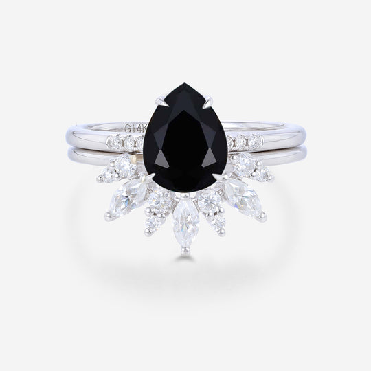 Pear Black Onyx Halo Diamond Engagement Ring Bridal Set