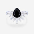 Pear Black Onyx Halo Diamond Engagement Ring Bridal Set